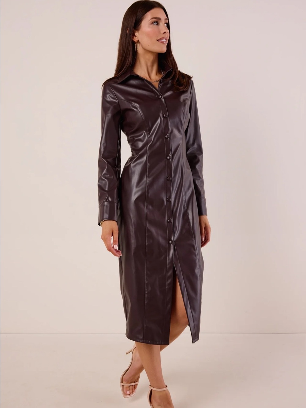 Avara Rena Brown Faux Leather Dress Large $112 Fall Sexy Feminine Vegan Cocktail
